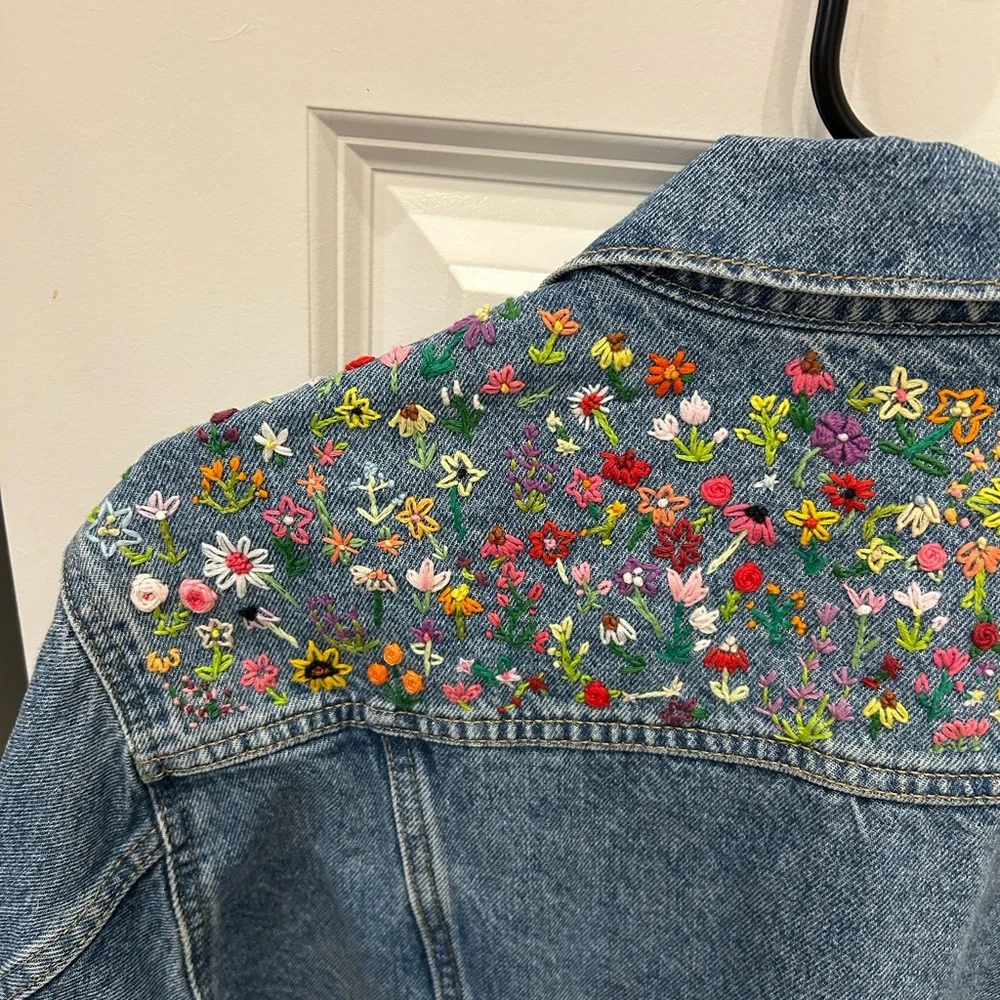 Old Navy Upcycled Denim Jacket with hand embroidered floral pattern large - Picture 3 of 8